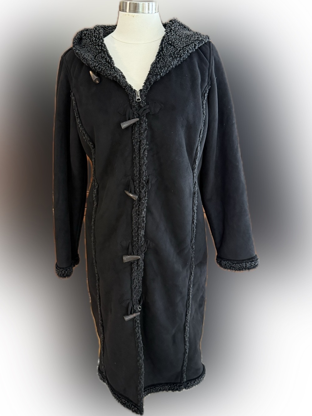 L.L. Bean Black Faux Suede Sherpa Lined Long Hooded Coat Toggle Jacket Medium M